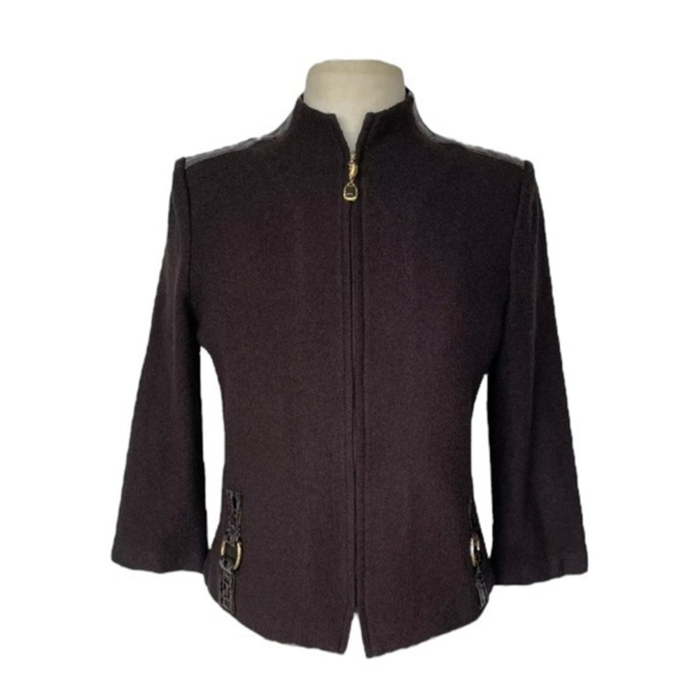 ST. JOHN ✘ Knit Blazer Wool Blend Brown Patent Croc Leather Trim Career Jacket M
